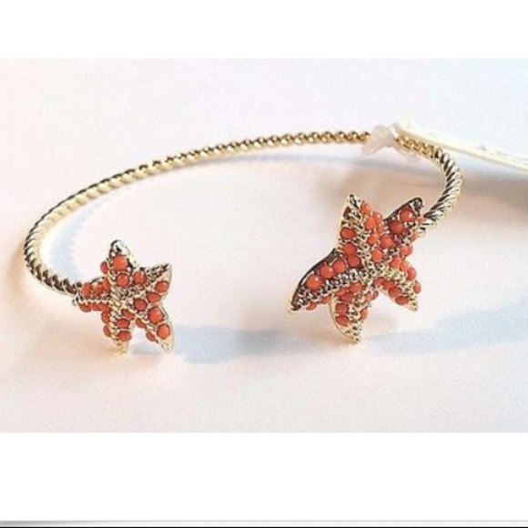 Coral Bead Starfish Cuff Cable Bracelet Nautical Beach Gold Plated Adjustable - Picture 6 of 10